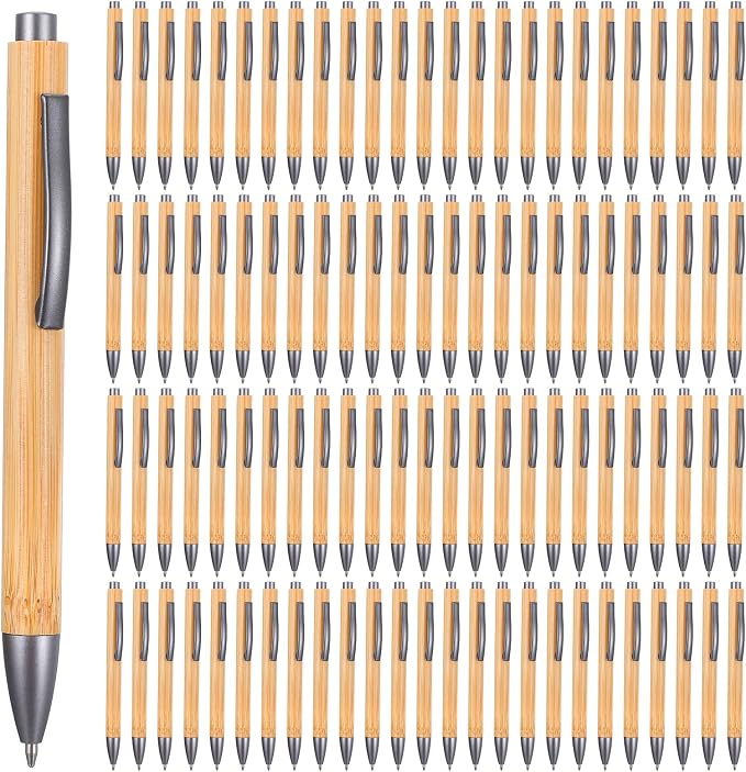 100pcs Wooden Bamboo Pens Bulk Wood Retractable Ballpoint Pen Black Ink 1mm Thank You Wooden Pens Engraving Wood Ballpoint Pen for Office School Teacher Coworker Student Journal Graduation Gifts