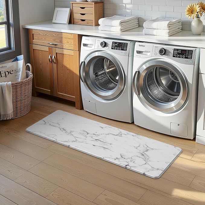 Marble White Kitchen Mats for Floor, Cushioned Anti Fatigue Non-Slip | Cushioned Comfort,Non-Slip Backing,Waterproof Surface,Soft Underfoot,Easy Clean,Kitchen Sink,Laundry Room,Standing Desk