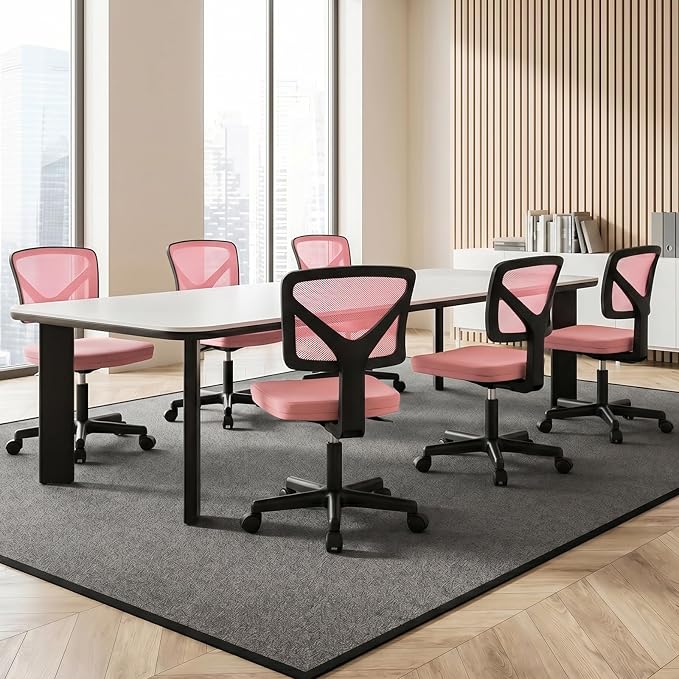 OLIXIS Armless Office Chair, Ergonomic Desk Chair with Wheels, Mesh Back, Removable Washable Foam Cushion, Height Adjustable Rolling Swivel Chairs for Small Space, Home, Office, Pink
