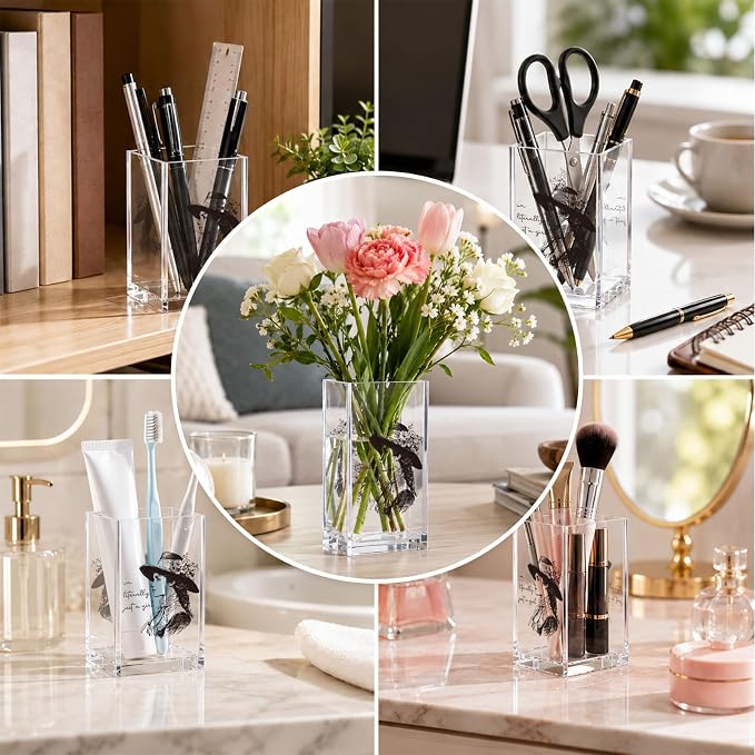 Acrylic Pen Holder Cup, Vintage Aesthetic Desk Decor, “I’m Literally Just a Girl” Pencil Holder Organizer, Black and White Fashion Style Office Accessories, Gift for Women