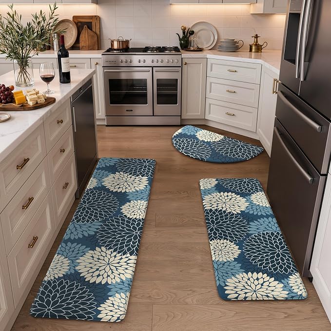 KIMODE Half Circle Anti Fatigue Mats for Kitchen Floor Rug Sets of 3 | 18"x28+18"x47"+18"x59",Blue Dahlia Floral Boho,3PCS,Non Slip,Waterproof,for Sink Office Laundry Bathroom Decor