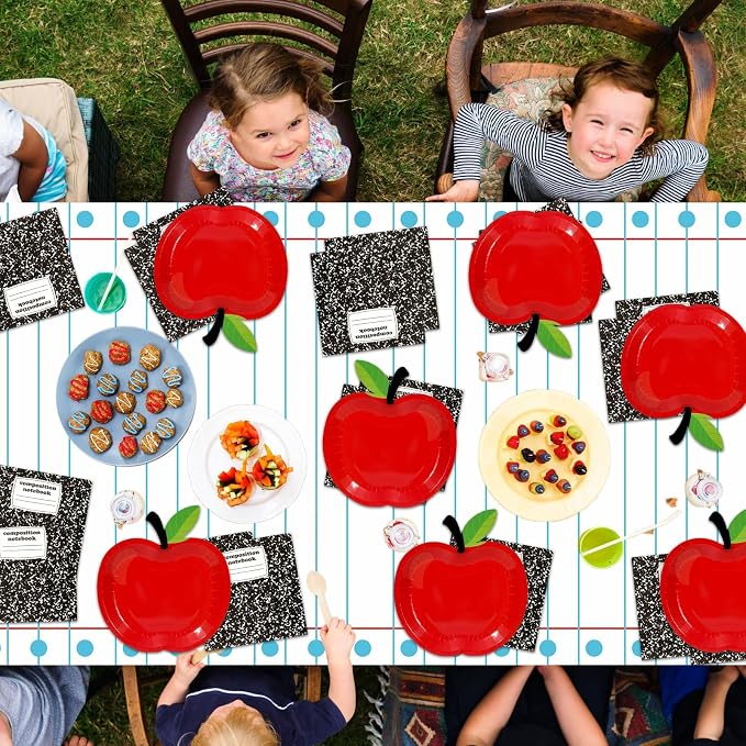 Back to School Party Supplies Serves 24 First Day of School Decorations Party Paper Plates Napkins Red Apple Composition Notebook Disposable Tablecloth Set Tableware Kit for Preschool Teacher Party