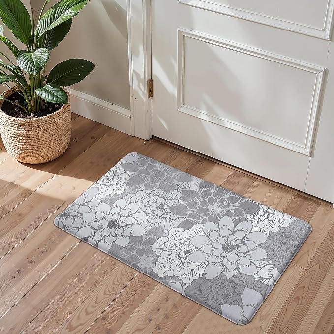GENIMO Anti Fatigue Kitchen Mats for Floor 2PCS, Cushioned Standing Mats | 17.3"x59"&17.3"x30", Lavender Greyvintage floral rug set, waterproof, non slip, easy-clean for farmhouse