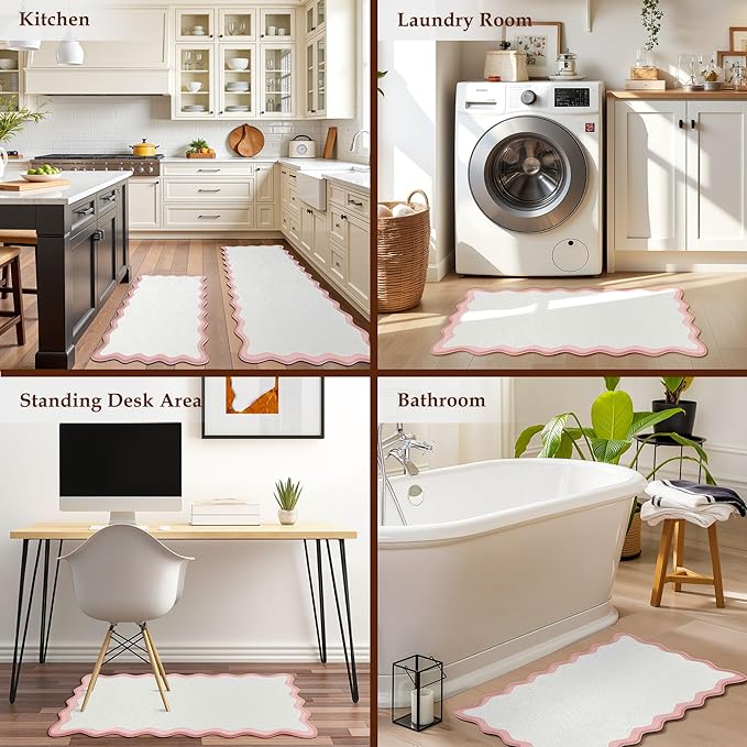 Scalloped Pink Kitchen Mats Rugs Sets of 2 Cushioned Anti Fatigue Floor Mat Waterproof Kitchen Rugs Non Slip Foam Comfort Standing Mat for Sink Laundry