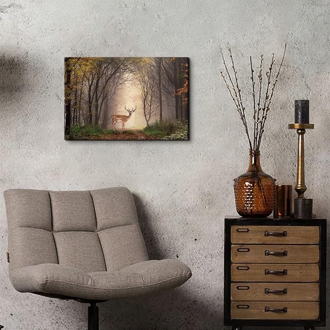 Wild Animal Landscape Canvas Wall Art Deer in Autumn Foggy Forest Picture Wall Decor Elk Wildlife Scenery Photo Prints Painting Decoration for Modern Living Room Bedroom Bathroom Home Art 16x24 Inch