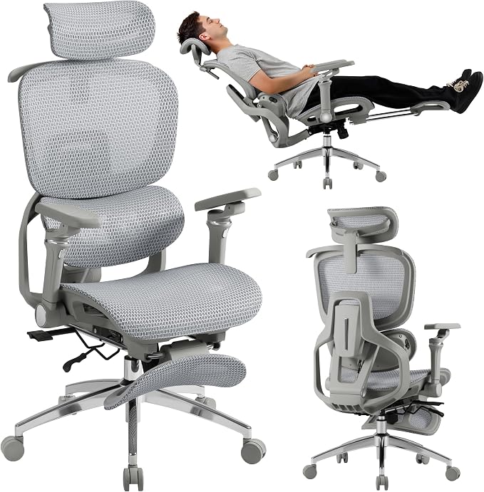 Furmax Ergonomic Office Chair, High Back Executive Chair with Heated Massage Lumbar Support, 6D Armrests, Adjustable Headrest & Footrest, Breathable Full-Mesh Design, Gray