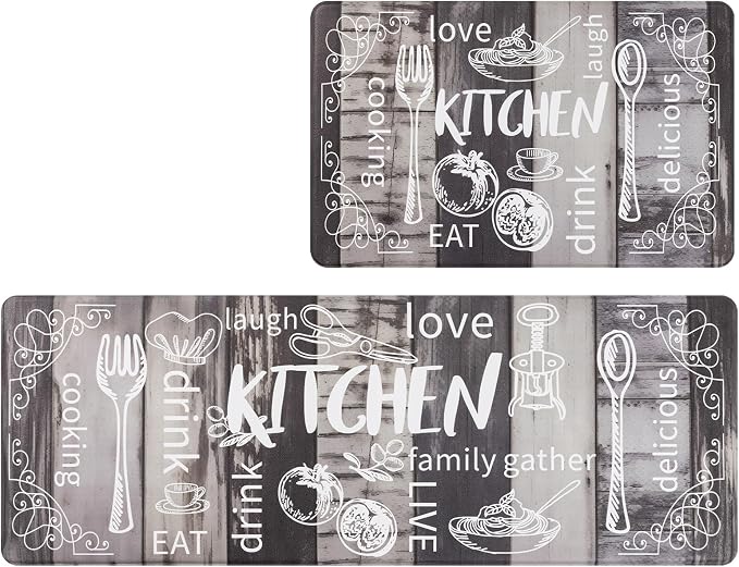 HEBE Anti Fatigue Kitchen Rugs Set of 2, Cushioned Kitchen Mats for Floor | Non Slip Farmhouse Kitchen Rug and Runner Set, Waterproof Comfort Kitchen Floor Mat Carpet for Sink, Standing Desk, Laundry