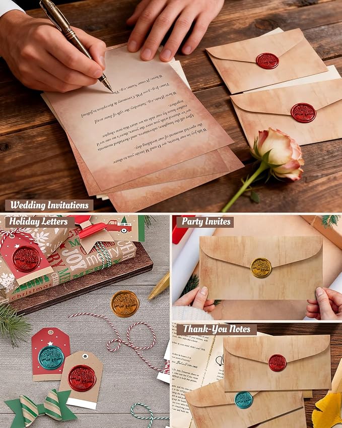 42Pcs Vintage Paper and Envelopes Set, 15 Stationary Letter and Envelopes, 8 Wax Seal Sticks, Wax Spoon, Life Tree Stamp and 2 Tea Candles for Xmas Wedding Party Invitation Love Letter