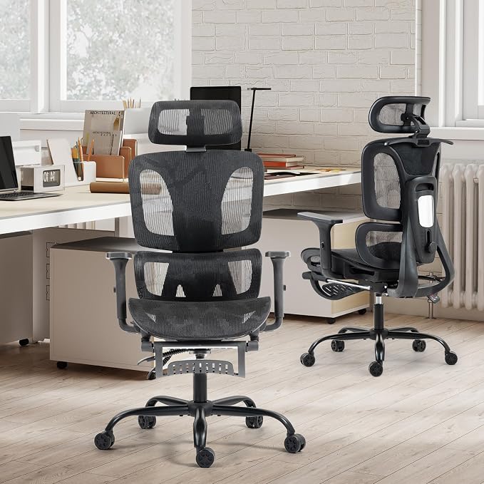 ECOTOUGE Black Ergonomic High Back Mesh Office Chair with Footrest | Adjustable Lumbar Support, Headrest, 360° Swivel, Reclining, Rolling Casters, Sturdy Base, for Home Office & Gaming