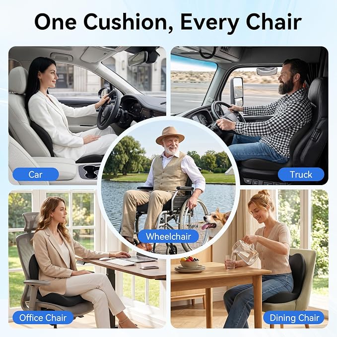 Seat Cushion for Office Chair and Car, Lumbar Support Pillow for Chair | Memory Foam Ergonomic Orthopedic Cushion Relieve Tailbone Sciatica Lower Back Pain for Office Desk Chair, Car, Truck, Black