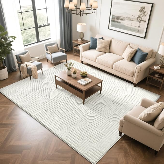 SHACOS Soft Cozy Fluffy Arch Pattern High Low Pile Area Rugs 8'x10' Large Non Slip Washable Modern Geometric Rug Scandinavian Minimalist Carpet for Living Room Bedroom Dining Room, Cream White