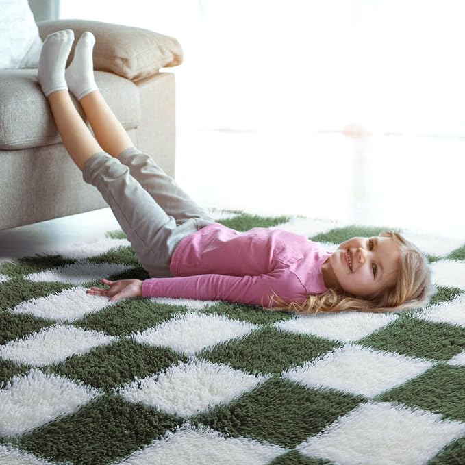 KICMOR 8x10 Area Rugs for Living Room, Large Soft Fluffy Checkered Big Fuzzy Shag Shaggy Bedroom Carpet, Olive Green and White Plush Floor Rug for Kids Boys Girls Dorm Nursery Home Decor Aesthetic