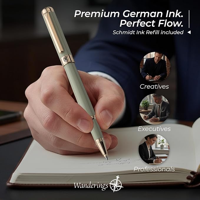 Premium Rollerball Pen with German Ink – Perfectly Balanced for a Superb Writing Experience, 24K Gold Plated Green – Soft Sage Green - Includes a Schmidt Refill in a Giftable Presentation Case