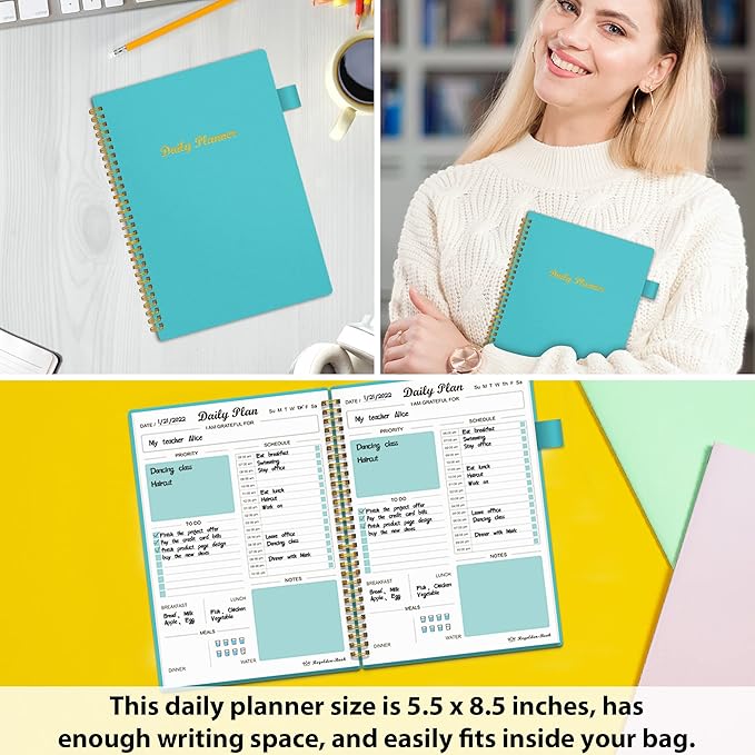 Daily Planner Undated, To Do List Notebook with Hourly Schedule Calendars Meal, Spiral Appointment Organizers Notebook for Man/Women, Pocket, Pen Loop, 160 Pages (5.5x8.5")