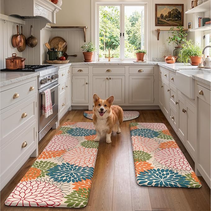 KIMODE Half Circle Anti Fatigue Mats for Kitchen Floor Rug Sets of 3 | 18"x28+18"x47"+18"x59",Orange,Dahlia Floral Boho,Half Round,3PCS,Non Slip,Waterproof,for Sink Office Laundry Bathroom Decor