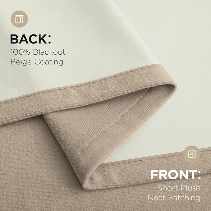 Joydeco Beige 100% Blackout Curtains 102 Inch 2 Panels, Luxury Thermal Beige Velvet Curtains for Bedroom Living Room, Soundproof Blackout Window Drapes, Rod Pocket & Back Tab (52W x 102L)