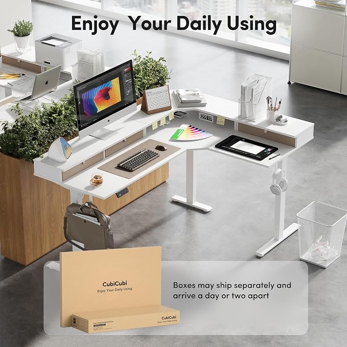 FEZIBO L Shaped Electric Standing Desk, 63 x 48 inch Large with Drawers | Reversible Tabletop, 2 Memory Height Settings | Home Office & Gaming Height-Adjustable Table, Warm White(2 Packages)