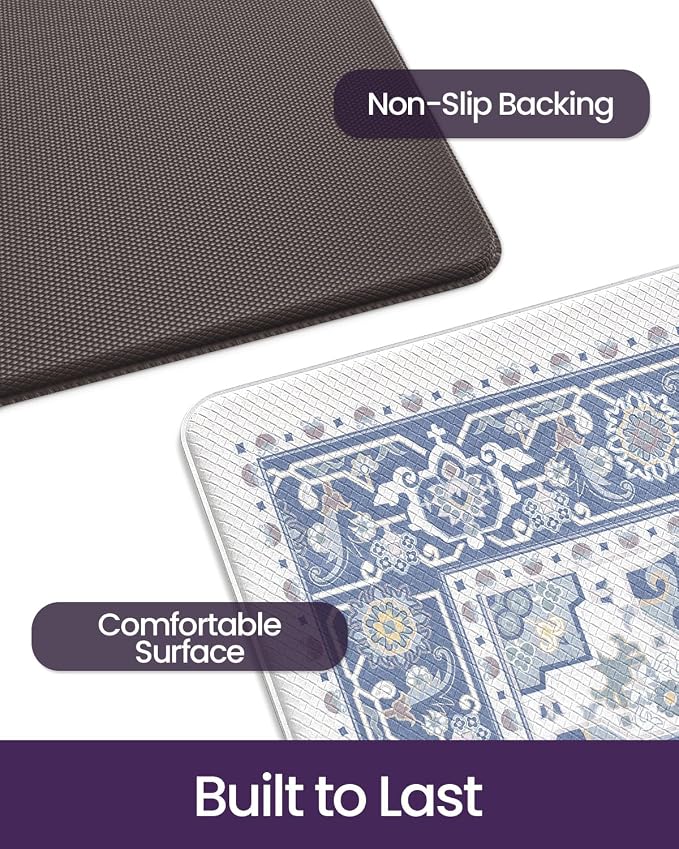 DEXI Kitchen Floor Mats Anti Fatigue, 23x107 Large Long Cushioned Vintage Runner Rug Waterproof, Standing Comfort Memory Foam Padded for Front Sink Laundry Office, Light Grey and Blue