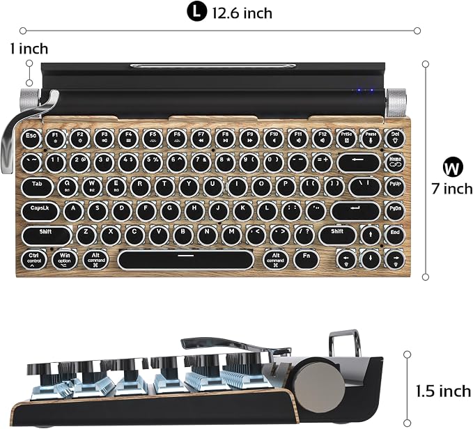 Retro Typewriter Wireless Mechanical Gaming Keyboard, Bluetooth 5.0 Office Computer Vintage Keyboards 83-Key Blue Switches Punk Round Keycap, LED Backlight, Compatible with PC/Laptop/Pad/Phone, Wood