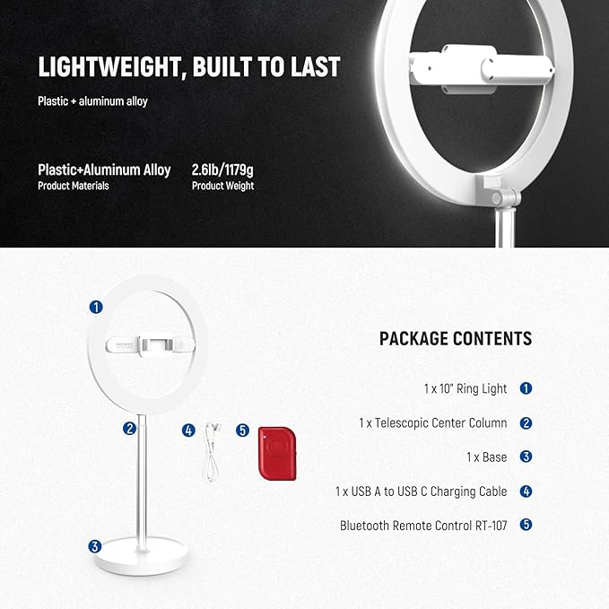 NEEWER Entry Level Version 10" 7W LED Selfie Ring Light with Desk Stand/Phone Holder/3 Modes, CRI85+ 3000mAh Rechargeable Video Conference Lighting for iPhone Streaming Video Recording Makeup, N17