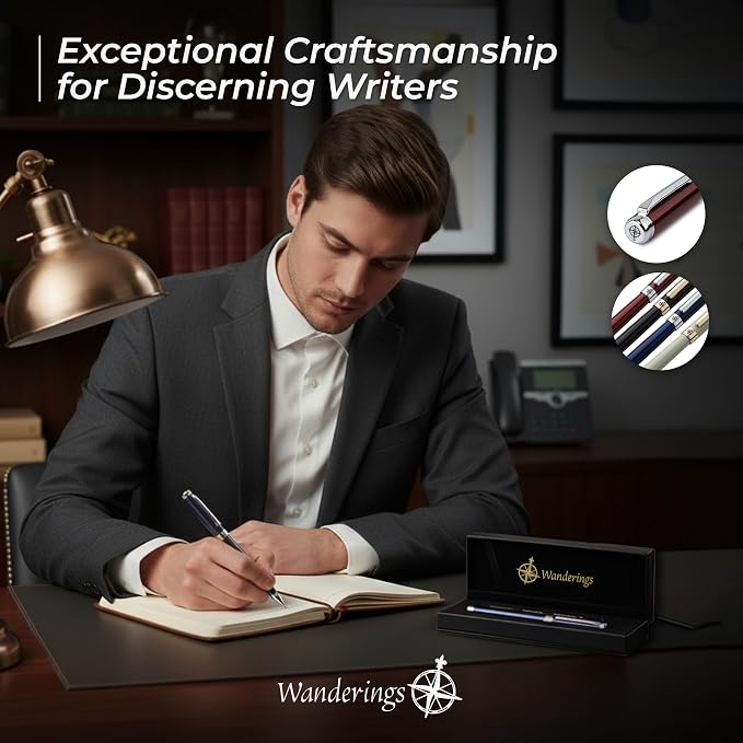 WANDERINGS Premium Rollerball Pen with German Ink – Perfectly Balanced for a Superb Writing Experience, Chrome Accents – Blue Breeze - Includes a Schmidt Refill in a Giftable Presentation Case