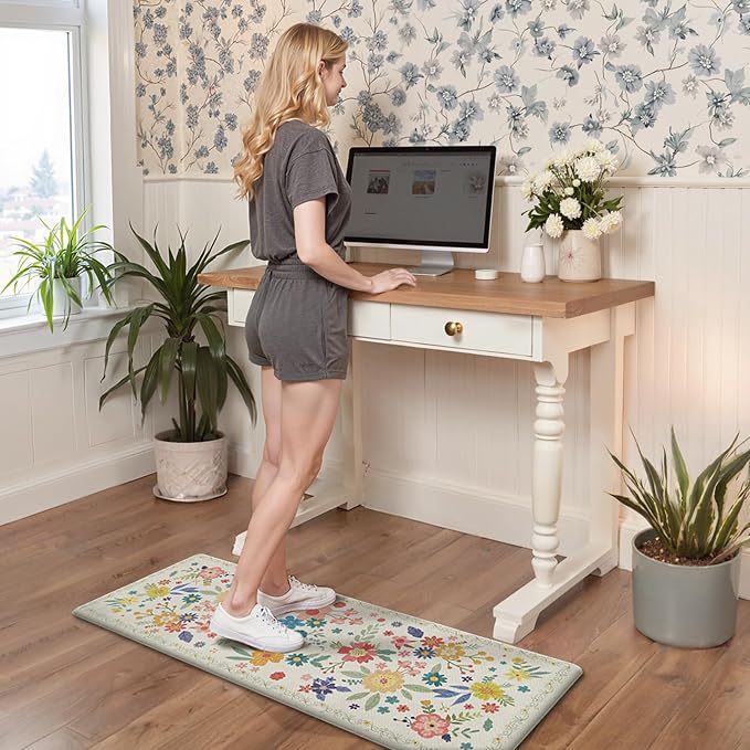 GENIMO Anti Fatigue Kitchen Mats for Floor 2PCS, Cushioned Standing Mats | 17.3"x59"&17.3"x30", SoftWhite vintage floral rug set, waterproof, non slip, easy-clean for farmhouse