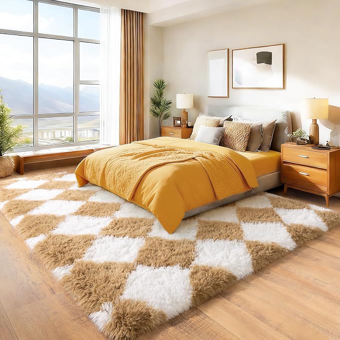Area Rugs for Living Room Bedroom 8x10, Ultra Fluffy Shag Checkered Rug Modern Washable Carpet Soft Shaggy Non Slip Indoor Plush Fuzzy Rugs for Bedroom Dorm Office Home Aesthetic Decor, White Camel