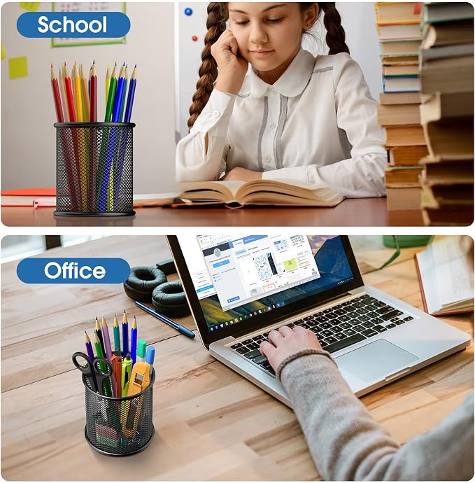 MaxGear Pen Holder for Desk 3 Pack,Mesh Metal, Non-Slip EVA Pad, 3.7’’ Tall | Black, ABS-coated, Steel Wire, Desk Accessories & Workspace Organizers, For Home School Office