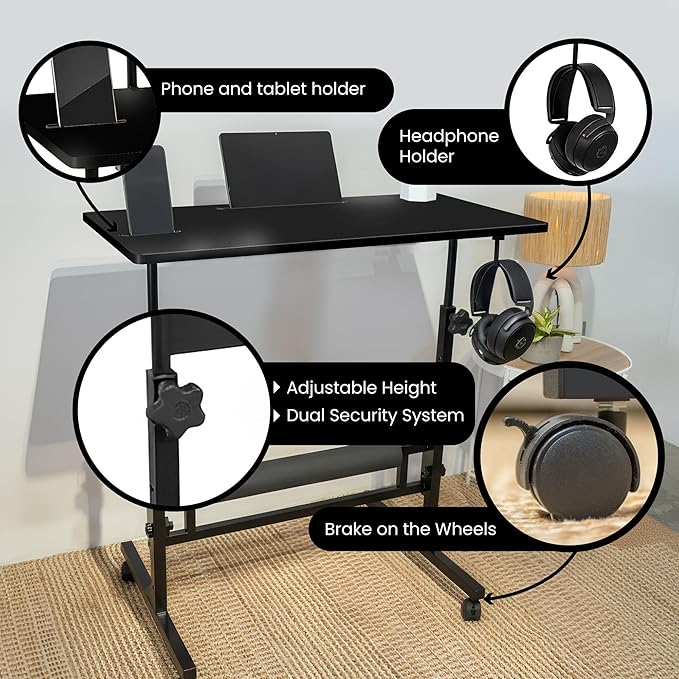 Model 2026 Adjustable Height Rolling Desk With Wheels Portable Compact Laptop Table Mobile Workstation For Study Office Small Space Standing Desk Ergonomic Writing Surface Modern Home Furniture Black