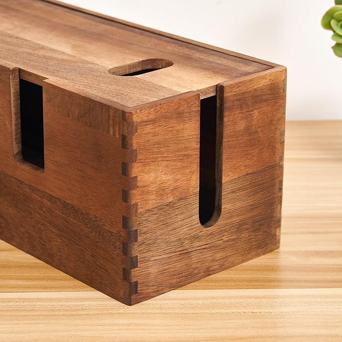 Acacia Wood Cable Management Box - Wooden Cord Hider & Organizer for Desk & Floor, Power Strip & TV Wire Concealer, Under Desk Storage for Office, Home Electrical Cables