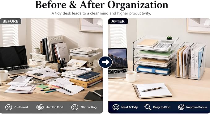 DCA 4 Tier Clear Desk Organizer, Letter Tray with 2 Magazine Holders | Stackable Desktop File Storage | Documents, Books & Supplies | Office & Home | Large Capacity