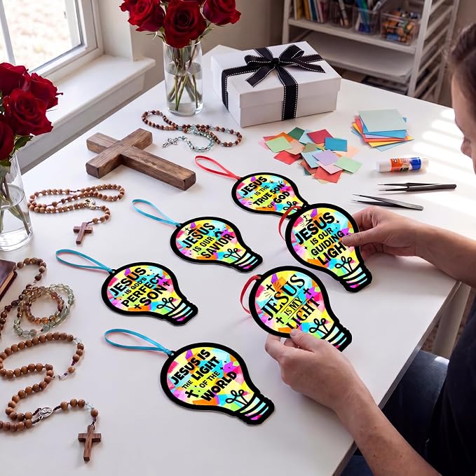 48PCS Sunday School VBS Crafts Bulk: Paper Lightbulb Cross Nativity Suncatchers, Religious Christian Activity DIY Kits Church Decorations, Window Stained Glass Effect Art Supplies(Jesus Style)