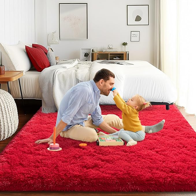 4x6 Area Rug for Bedroom, Red Rugs for Living Room Nursery Kids Room Dorm Home Decor Aesthetic, Fluffy Shaggy Rug with 4 Anti-Slip Carpet Tapes