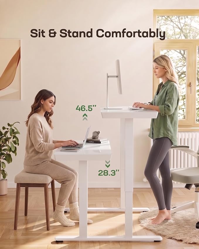 Marsail Glass Standing Desk with Drawers, 47.24 inch Electric Standing Desk, Height Adjustable Desk with One-Piece Tabletop & USB Charging Ports, Sit Stand Desk with Storage for Home & Office White