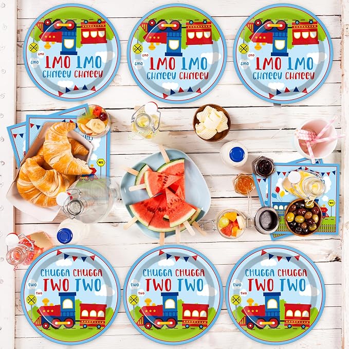 Qyeahkj 24 Guests Chugga Chugga Two Two Birthday Party Paper Plates Napkins Tablecloth Supplies Set Train 2nd Disposable Tableware Dinnerware Decorations Favors for Boys Girls Birthday Party