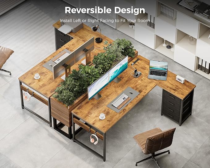 AODK 61" L Shaped Gaming Desk with 4 Drawers and Power Outlets, Vintage | USB Ports, PC Tower Stand, Hooks, Reversible Corner Layout for Gaming Rooms, Bedrooms and Home Office