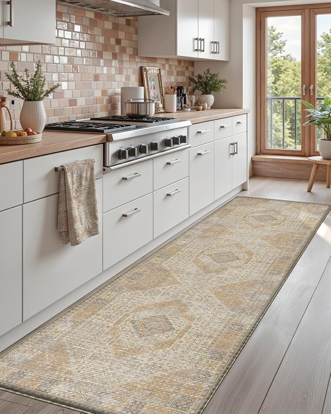 DEXI Kitchen Floor Mats Anti Fatigue, 23x86 Large Long Cushioned Vintage Runner Rug Waterproof, Standing Comfort Memory Foam Padded for Front Sink Laundry Office, Beige and Light Orange