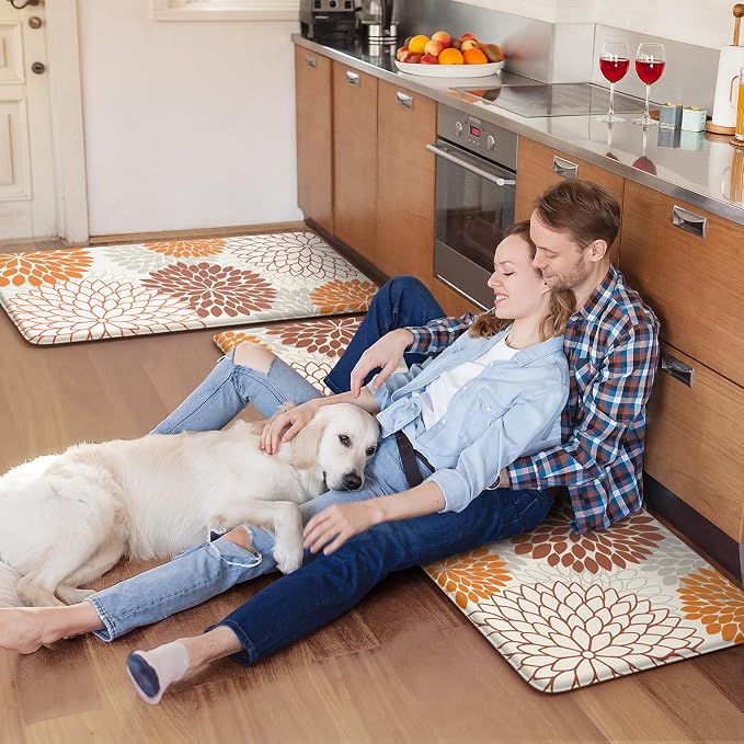 KIMODE Kitchen Mats for Floor Cushioned Anti Fatigue 2PCS Fall Kitchen Rugs | Dahlia Floral, 17"x47"+17"x29",Farmhouse Boho Floor Mats ,Non Slip,Waterproof,Comfort Desk Mat for Sink Office Laundry home