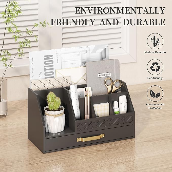 Bamboo Desk Organizer with Drawers, Mail Organizer Countertop Wood Desk Drawer Tabletop Storage Organization Pen Holder Letter Sorter Makeup Organizer for School Home Office (Black)
