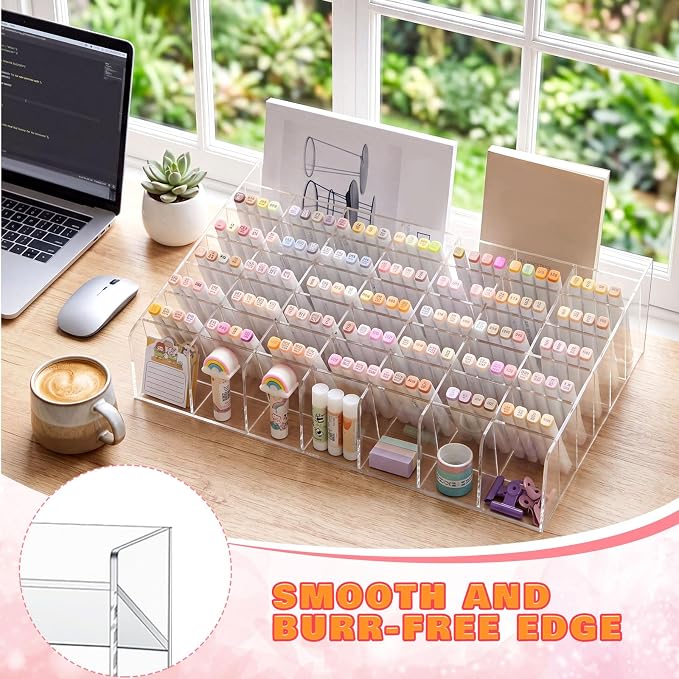MotiMind Acrylic Pen Organizer Storage for 520 Markers Vertical Marker Organizer Acrylic Pen Display Holder for Office Desk Desktop Stationery Pencil Storage, Clear, 21 x 4 x 14.5