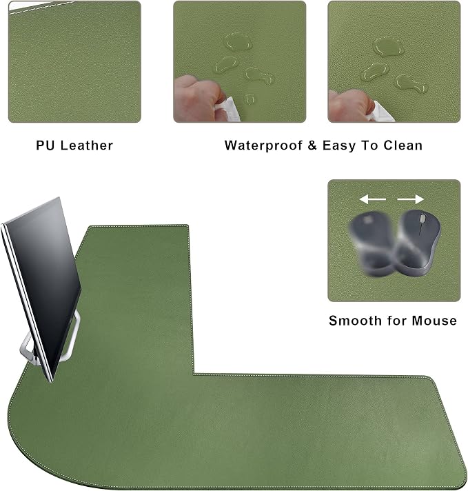 Mydours L-Shape Desk Mat, 46" x 46" x 16" Extra Large PU Leather Desk Pad Blotter, XXL Large Waterproof Gaming Mouse Pad, Desktop Protector for Computer Keyboard Home Office (Green)