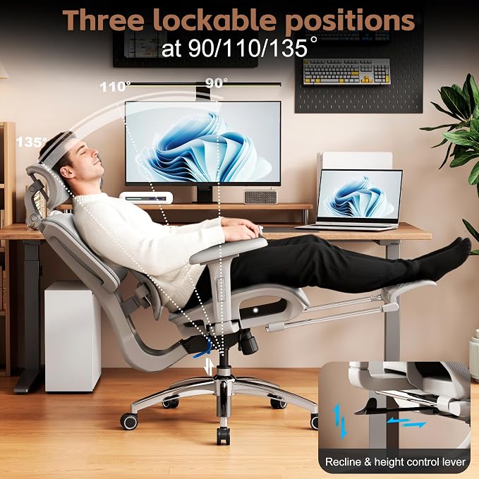 Vonesse Ergonomic Office Chair,Desk Chair with Adjustable 3D Headrest and Armrests, Gaming Chair with Dynamic Lumbar Support & Adjustable Depth Breathable Mesh Seat (Grey)