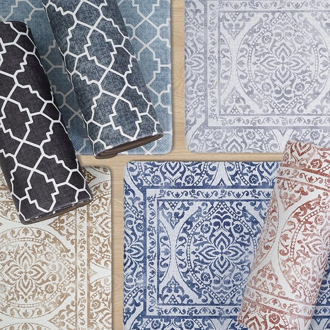 FRESHMINT 2 Piece Set Boho Kitchen Mats for Floor Bohemian Distressed Anti Fatigue Kitchen Rugs Vintage Farmhouse Cushioned Kitchen Runners for Standing Waterproof & Non-Skid Comfort, Sea Blue