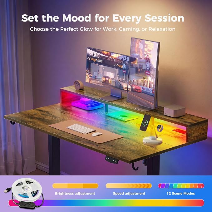 Klicelor Electric Standing Desk with Shelf, 55 Inch Height Adjustable Desk with Power Outlets & LED, Sit Stand Up Table with Monitor Stand, Computer Workstation for Home Office, Rustic Brown