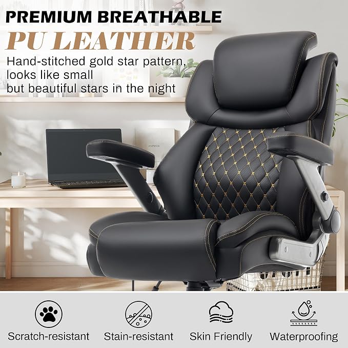 Oversized Big and Tall Office Chair 750lbs with Adjustable Headrest & Lumbar Airbag, Large Executive Chair with 5D Flip Arms, Heavy Duty Metal Base Chair with Hollow Casters & Thick Spring Seat, Black