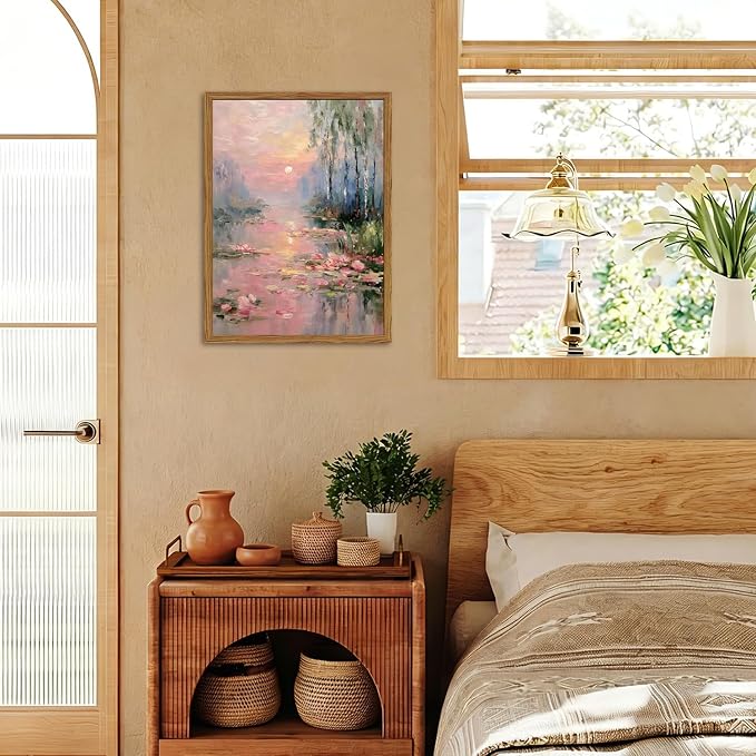 Framed Vintage Monet Canvas Wall Art, Pink Water Lilies Floral Pictures Wall Decor, Impressionist Sunset Landscape Paintings Prints Nature Aesthetic Artwork for Living Room Bedroom 16x24 inch