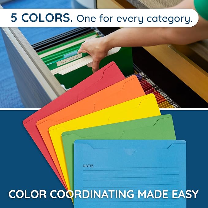 Blue Summit File Jackets Letter Size 2 Inch Expansion, Lined Folders with Lines for Notes on Front, 2 inch File Jacket Folders, Top Tab Pockets, Assorted Colors, Expandable, 25 Pack