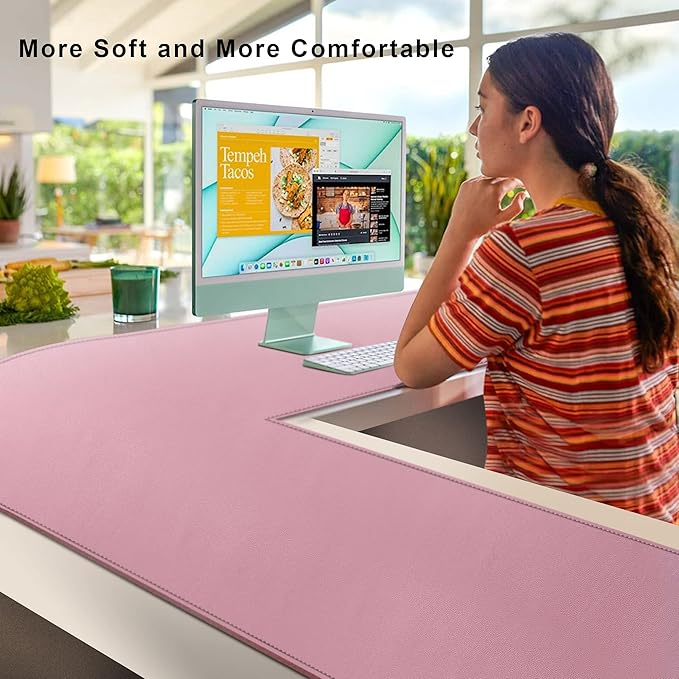 Vyaaa L-Shaped Leather Desk Pad Protector,Large Mouse Pad Corner Desk Mat,Double Sided Desk Blotter for Computer,Laptop,Office or Home,51" x 51"x 15.8",Pink and Green