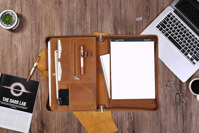 Genuine Leather Business Portfolio Padfolio Folder with Zipper for Men, Men's Leather Padfolio Folder for 13" Laptop, Business Portfolio for Letter Size Notepad, Graduation Gift,Brown