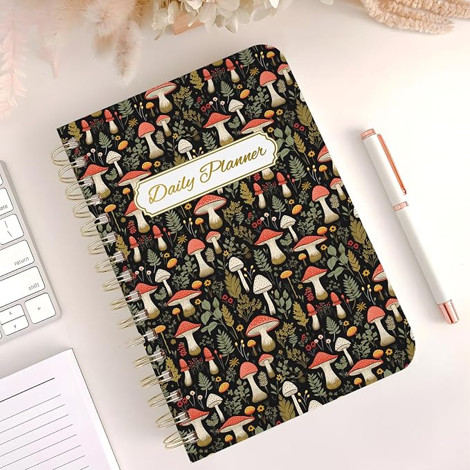 Undated Daily Planner - Spiral Notebook 80 Days One Day Per Page, Hourly Schedule, To-Do List, Notes, Everyday Planning Task, A5 Hardcover Journal Organizer Book Women Cute Aesthetic, Mushroom